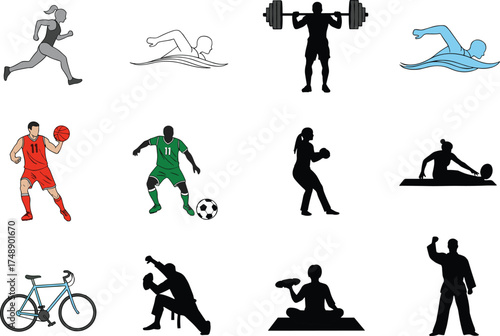 Sports silhouettes, fitness activity, running, swimming, weightlifting, soccer, basketball, boxing, fencing, yoga, martial arts, dance move, athletic lifestyle, exercise scene