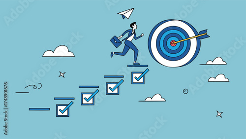 personal development goals for work, train specific skills or competencies to achieve career success, self improvement or career growth, Businessman walk up checklist as a ladder to reach target

