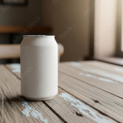 White Can on Rustic Wooden Table - A Minimalist Still Life.