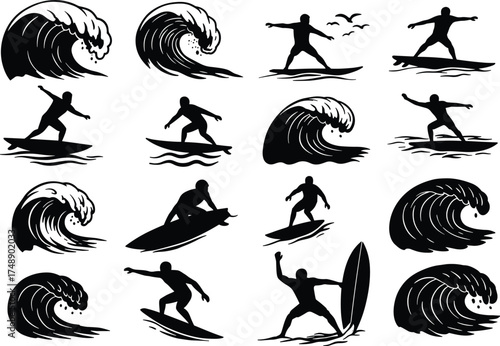 surfing silhouettes, ocean wave icons, coastal lifestyle, surfboard action, wave crash, beach sport, surfer poses, dynamic splash, sea movement, vector set