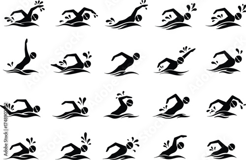 swimming poses, freestyle stroke, backstroke silhouette, butterfly swim, breaststroke icon, water splash, aquatic sport, swim technique, black vector, fitness motion