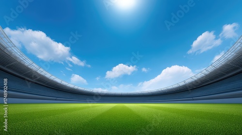 A Bright and Clear Day Over a Sports Stadium with Lush Green Grass and a Beautiful Sky, Perfect for Sporting Events, Activities, or Outdoor Gatherings in Summer