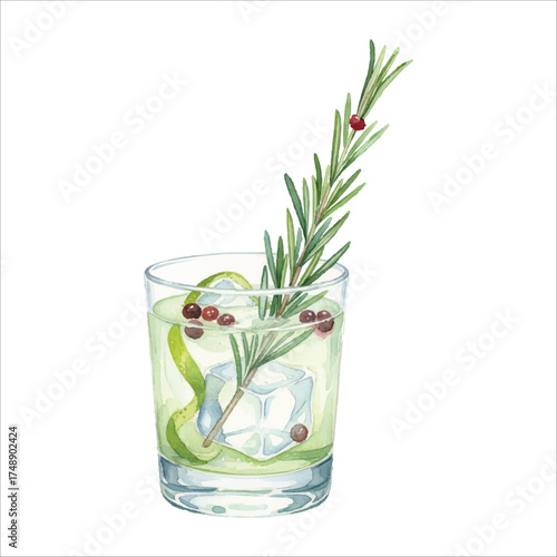 Watercolor Rosemary Stick Gin and Tonic Cocktail on White Background
