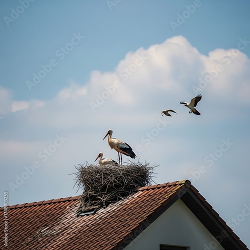 Stork Family Nesting on Rooftop with Birds Flying Above.