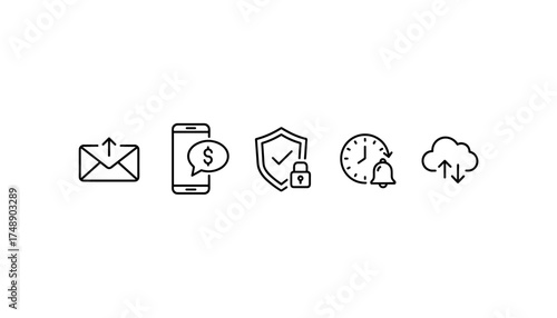Finance and banking line icon set. Mobile payment, secure transaction, money transfer message, email notification, reminder alarm, and cloud data storage vector icons for app and web.