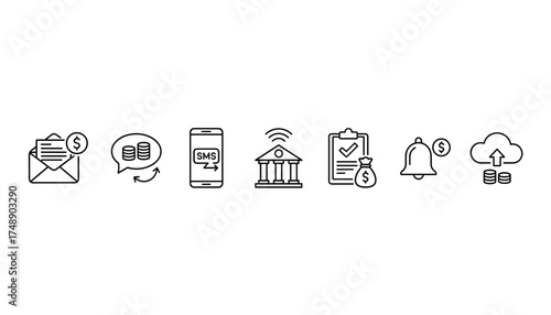 Bank and finance line icon set. Vector symbols for online banking, mobile payment, money transfer, SMS notification, digital invoice, savings, and approved loan. UI UX pictograms.