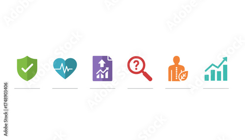 Health report vector icon set. Medical data analysis, healthcare insurance protection symbol. Heartbeat, research, and wellness growth chart. Health diagnostics pictogram.