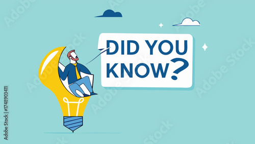 did you know illustration with businessman coming out of light bulb idea with megaphone and speech bubble saying did you know?, expert information, explanation or solution, useful tip or knowledge

