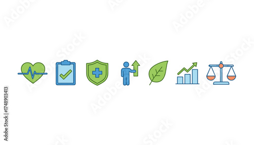 ESG icon set for corporate social responsibility report. Vector symbols of health, growth, sustainability, and ethics. Business wellness and governance concept illustration.