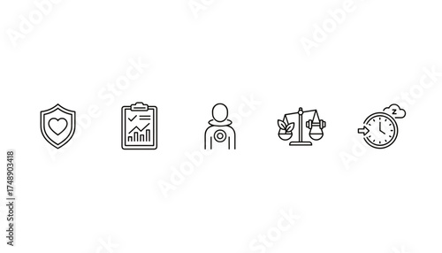Health and wellness thin line icon set. Vector symbols for medical report, insurance, personal checkup, healthy lifestyle balance with diet and exercise, and proper sleep schedule.