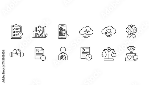 Health report and medical icon set. Thin line vector icons for healthcare insurance, telemedicine, patient data, fitness, and wellness. Cardio, award, and balance symbols.