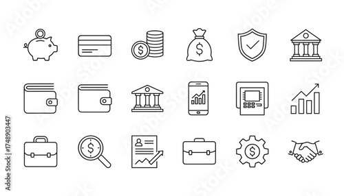 Finance and banking thin line icon set. Business, money, investment, and savings concept. Vector icons for mobile banking, payment, security, analysis, and economic growth.