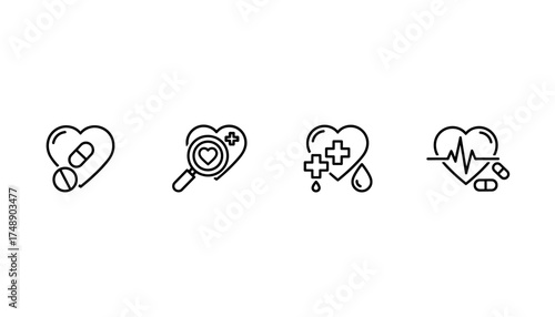 Medical and cardiology line icon set vector. Heart health care, diagnosis, and treatment symbols. Pill, medication, cardiogram, ECG, blood test and heart check-up icons.
