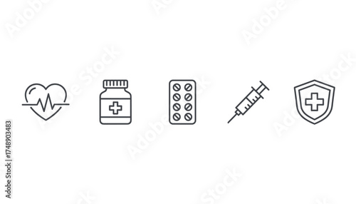 Medical icon set vector line style. Health care, cardiology, pharmacy concept. Heartbeat, pill bottle, tablets, syringe for vaccine, and shield for protection and insurance.