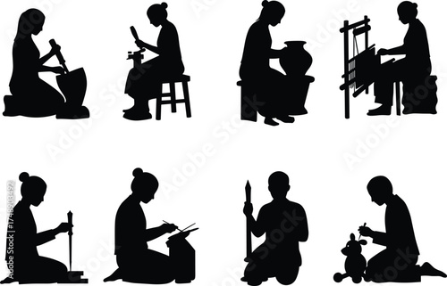 traditional craft silhouettes, artisanal activity icons, pottery making, weaving loom, spinning wheel, carving tools, cultural heritage, black vector, seated workers