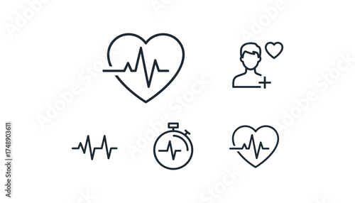 Heartbeat pulse line vector icon set. Cardiogram, ECG and health care concept. Thin line symbols for cardiology, medical diagnostic, fitness app, patient monitoring, heart rate.