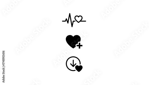 Heartbeat line and love icon set. EKG, ECG cardiogram with heart shape. Add to favorites and download favorite vector symbols. Health, medicine and charity concept.