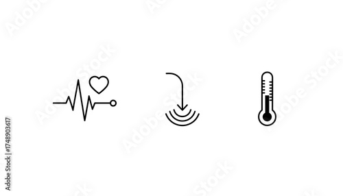 Medical icon set vector. Heartbeat pulse line, cardiogram EKG, and temperature thermometer. Health and hospital symbol. Vital signs for health care. Thin line graphic design.