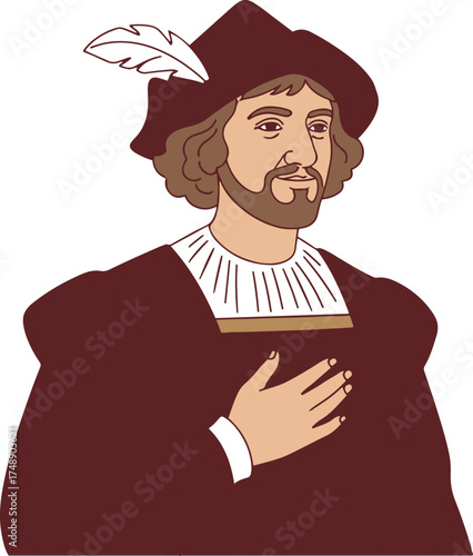  Cartoon illustration of a historical figure or nobleman in period attire, with a hand respectfully placed on his chest