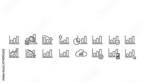 Bar chart vector icon set for data analysis. Thin line icons for business intelligence, statistics, finance report, and marketing analytics. Graph, diagram, growth, decline symbols.