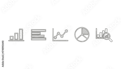 Data analysis icon set. Bar chart, pie chart, line graph. Statistics report vector elements. Thin line business analytics symbols. Market research and financial infographic icons.