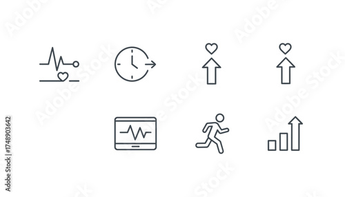 Health and fitness icon set. Heartbeat, heart rate, EKG, cardiogram and pulse monitor. Running man, activity and time tracking. Progress chart, growth graph and improvement.