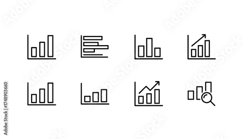 Bar chart and graph icon set for business data analysis. Vector line icons for statistics, finance reports, and presentations. Infographic elements showing growth and analytics.