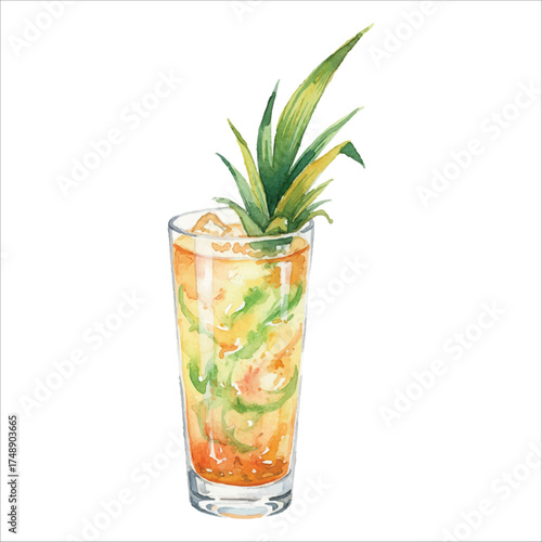 Watercolor Pineapple Leaf Cocktail in Highball Glass on White Background
