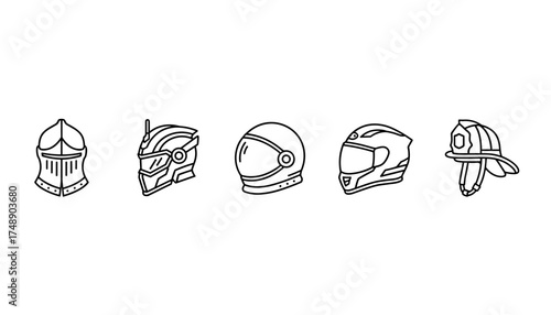 Helmet vector icon set. Line art collection of headgear. Knight, futuristic soldier, astronaut, motorcycle racer, firefighter. Safety, protection, professional equipment.