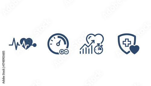 Healthcare and fitness vector icon collection. Concepts for cardiology, heartbeat monitoring, performance, exercise tracking, health insurance, and medical protection symbol set.