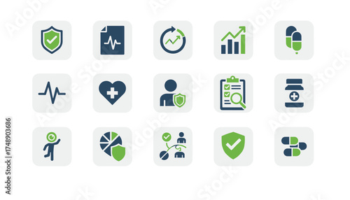 Health insurance icon set. Vector concepts for medical safety, healthcare, patient protection, and data analysis. Includes shield, heartbeat, pills, medicine, and growth chart.