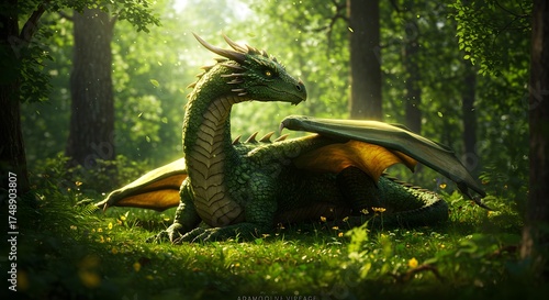 Green Dragon Resting in Sunlit Forest with Lush Trees and Foliage