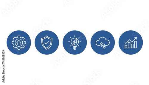 Business icons set for services and solutions. Technology development, data security, cloud computing, sustainable innovation, and financial growth analytics vector collection.