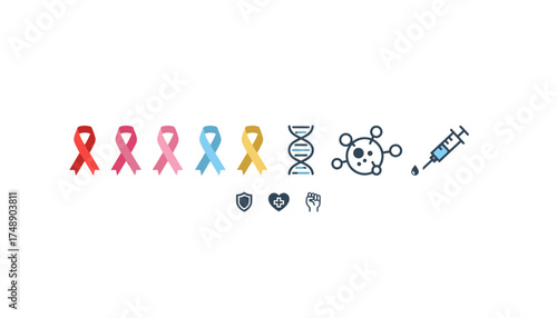 Vector icon set for cancer and HIV/AIDS awareness. Includes ribbons, DNA, virus, and vaccine symbols for medical concepts like health, support, fight, and protection.