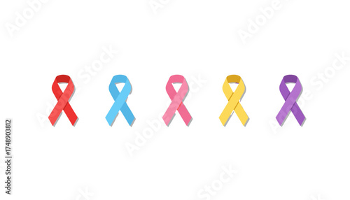 Awareness ribbons vector set. Colorful collection of symbols for health causes like breast cancer, HIV, AIDS, prostate cancer, and Alzheimer's. Support and solidarity concept.