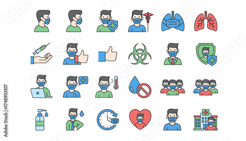 Man with mask medical icon set. Coronavirus pandemic prevention concept. Healthcare, vaccination, biohazard, hospital, doctor, lungs, and social distancing vector symbols.