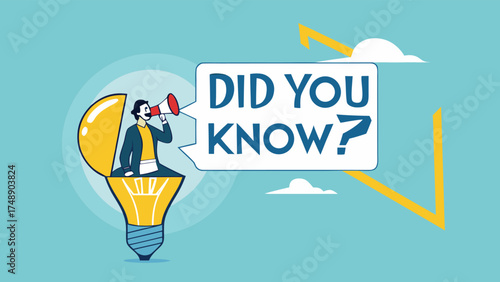did you know illustration with businessman coming out of light bulb idea with megaphone and speech bubble saying did you know?, expert information, explanation or solution, useful tip or knowledge

