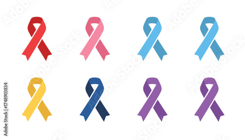 Vector set of colorful awareness ribbons. Icon for cancer, HIV, AIDS support. Health campaign and solidarity concept. Medical symbol for disease prevention. Isolated collection.