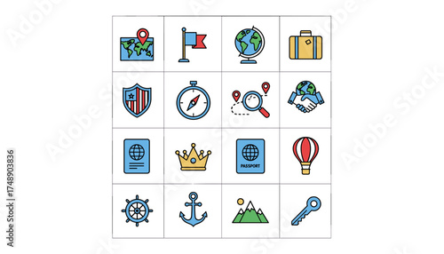 Travel and geography vector icon set. International tourism and navigation symbols. Map with pin, globe, passport, compass, flag, suitcase, anchor, USA shield. Flat design collection.