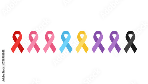 Awareness ribbons vector set. Support for various causes. Symbol for cancer, breast cancer, HIV, AIDS, Alzheimer. Hope, solidarity, charity campaign element. Medical concept.