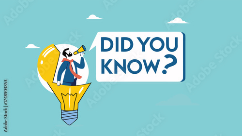 did you know illustration with businessman coming out of light bulb idea with megaphone and speech bubble saying did you know?, expert information, explanation or solution, useful tip or knowledge

