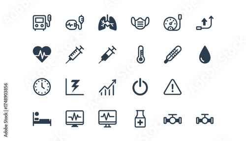 Medical icon set for mechanical ventilation and intensive care. Vector icons for hospital, ICU, pulmonology, critical care, health monitor, and emergency resuscitation.