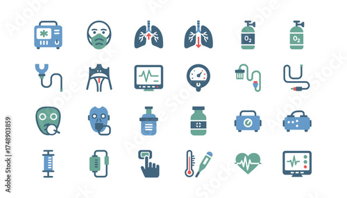 Mechanical ventilation icon set. Vector collection of respiratory therapy, ICU, pulmonology, hospital equipment, lung disease, oxygen mask, ventilator, life support symbols.