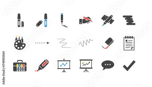 Marker pen icon set. Business presentation vector graphics. Drawing & office concepts. Highlighter, chart, graph, eraser, notepad symbols. Education design elements pack.
