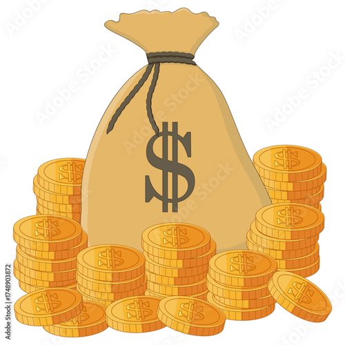 A vector illustration of a money bag with a dollar sign surrounded by stacks of golden coins, symbolizing wealth, savings, and financial success