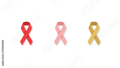 Vector set of awareness ribbons. Red ribbon for HIV and AIDS awareness, pink for breast cancer, and gold for childhood cancer. Support, solidarity, and health campaign concept.