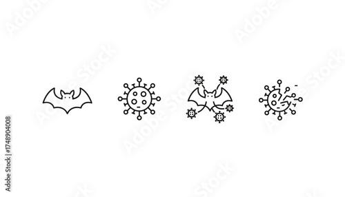 Bat carrier coronavirus vector icon set. Zoonotic disease transmission concept. Virus, infection, pandemic, and cure icons. Animal to human virus spread infographic line art.