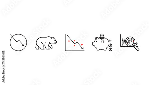 Bear market vector icon set. Thin line symbols for stock market crash, financial crisis, and recession. Economy decline, investment loss, and trading analysis concepts.