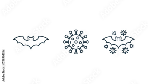 Bat carrier of coronavirus, Covid-19. Vector line icon set. Zoonotic disease transmission concept. Animal host of contagious virus. Epidemic, pandemic, pathogen, infection.