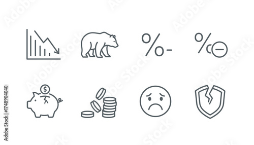 Bear market vector icon set. Stock market crash, financial crisis, and economic recession concept. Thin line icons for investment loss, savings, downturn chart, and finance.